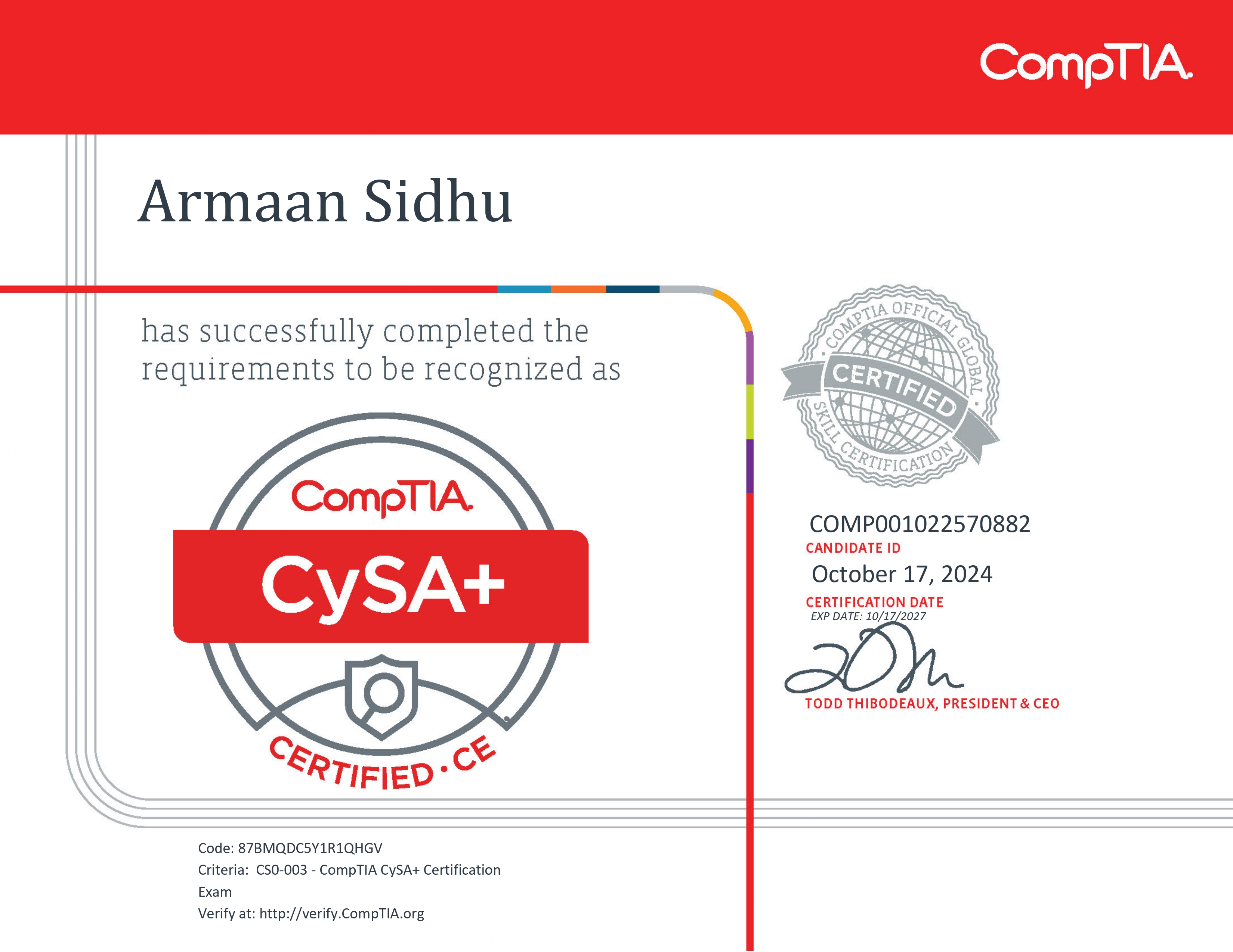 CompTIA Cybersecurity Analyst+ Certificate