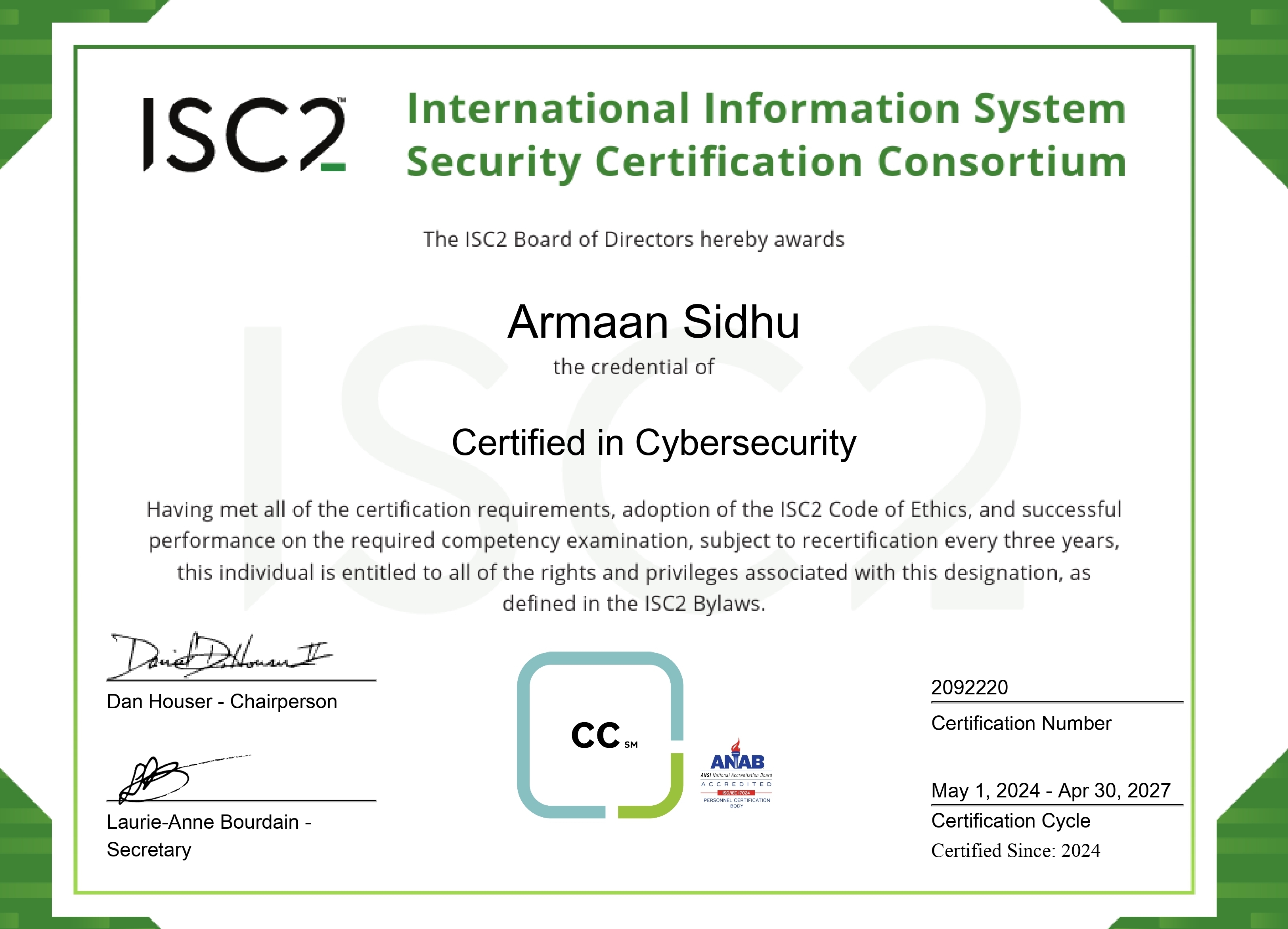 ISC2 Certified in Cybersecurity Certificate